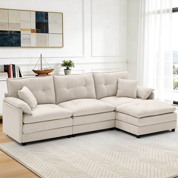 Korser L Shaped Modern Sofa with Movable Ottoman Convertible Modular Sectional Cloud Couch with Deep Seat & Pillow,Chenille 3-Seat Couches for Living Room,Assembly Required,Beige