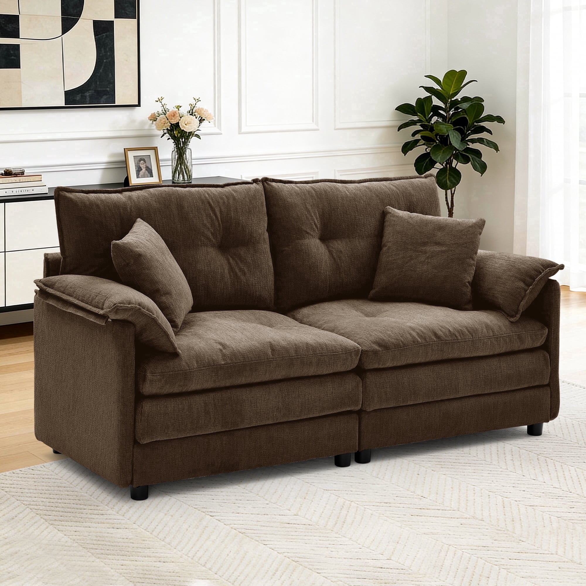 Korser Loveseat Sofa with Deep Seat Cloud Couch with 2 Pillows,Chenille 2-Seater Sofa Small Couch for Living Room,Assembly Required,Brown