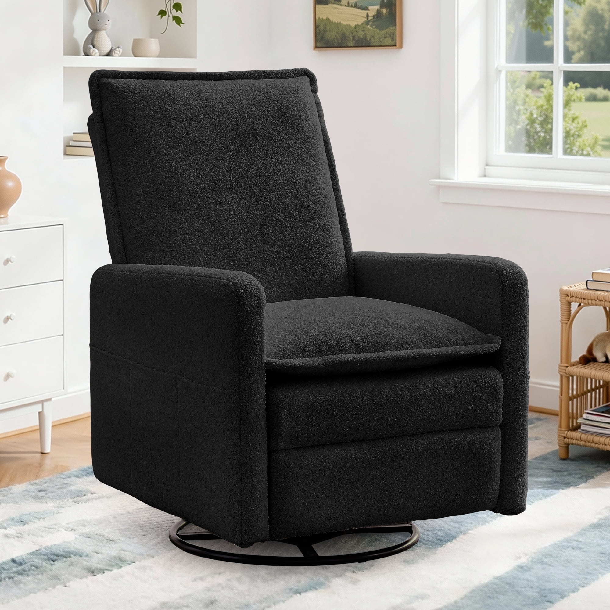 Korser Manual Swivel Rocker Recliner Chair with Side Pockets Nursery Glider Recliner for Living Room, Nursery, Black