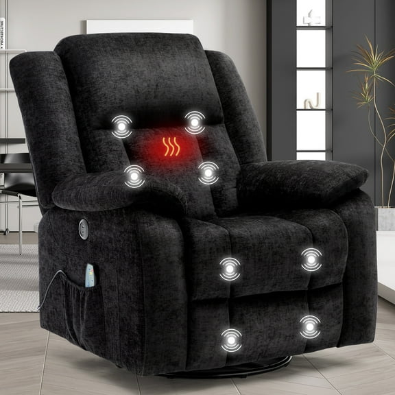 Korser Massage Swivel Rocker Recliner Chair with USB Ports Chenille for Living Room,Black