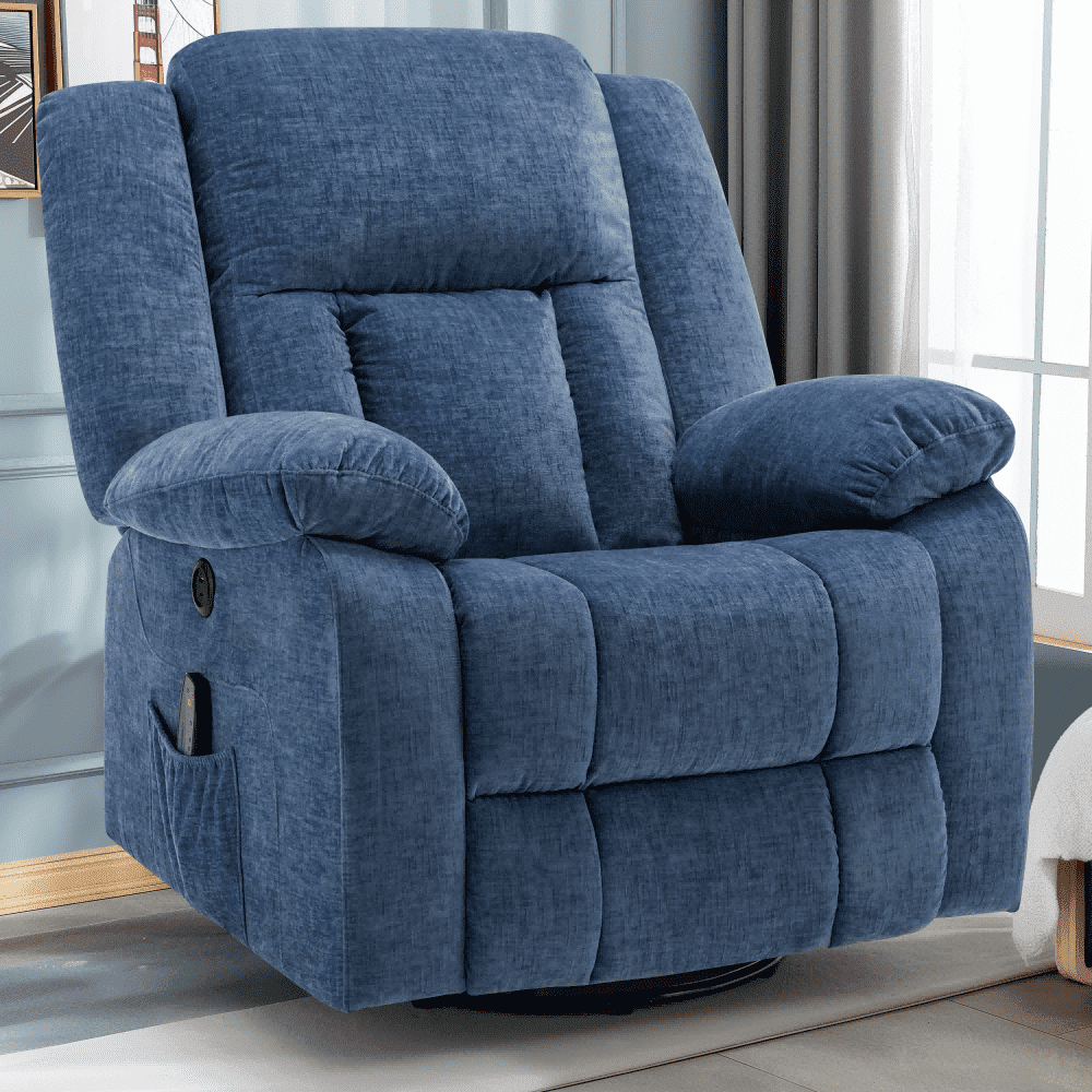 Korser Massage Swivel Rocker Recliner Chair with USB Ports Chenille for Living Room,Blue