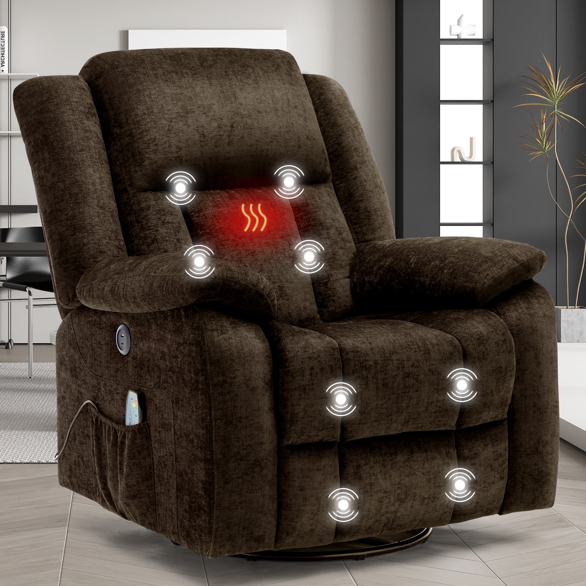 Korser Massage Swivel Rocker Recliner Chair with USB Ports Chenille for Living Room,Brown