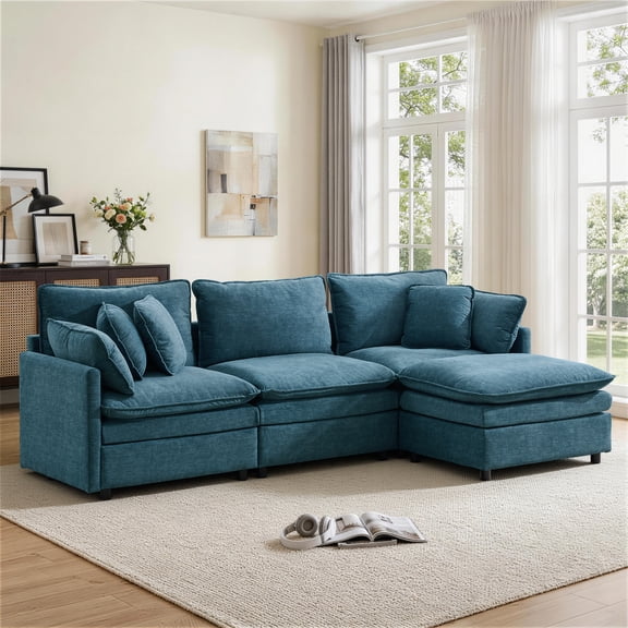 Korser Modular Sectional Cloud Couch with Movable Ottoman,3-Seat Modern Sofa with Pillows,Deep Seat L-Shaped Couch for Living Room,Bedroom,Assembly Required,Blue