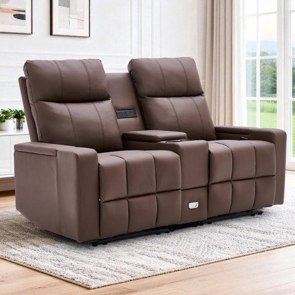 Korser Reclining Loveseat with Cup Holders,2-Seater Recliner Sofa with USB Ports & Type C Double Manual Recliner Chair for Living Room,Faux Leather,Brown