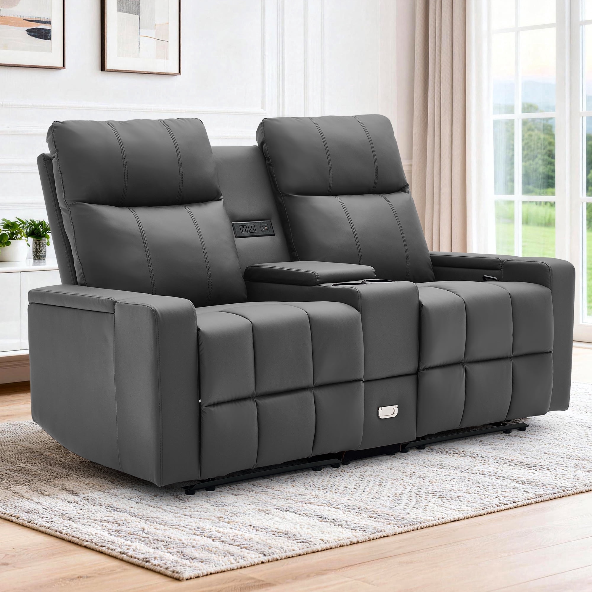 Korser Reclining Loveseat with Cup Holders,2-Seater Recliner Sofa with USB Ports & Type C Double Manual Recliner Chair for Living Room,Faux Leather,Grey