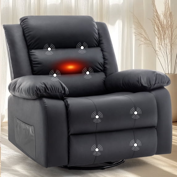 Korser Oversized Swivel Rocker Recliner Chair for Adults Faux Leather for Nursery Living Room,Black