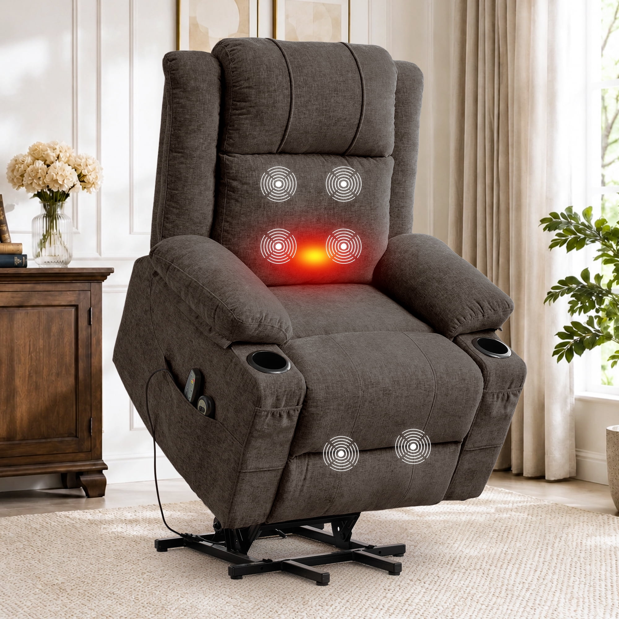 Korser Power Lift Recliner Chair for Elderly with Massage and Heat,Electric Lift Reclining Chair with Side Pockets and Cup Holders,Massage Recliner Chair for Living Room,Chenille,Brown