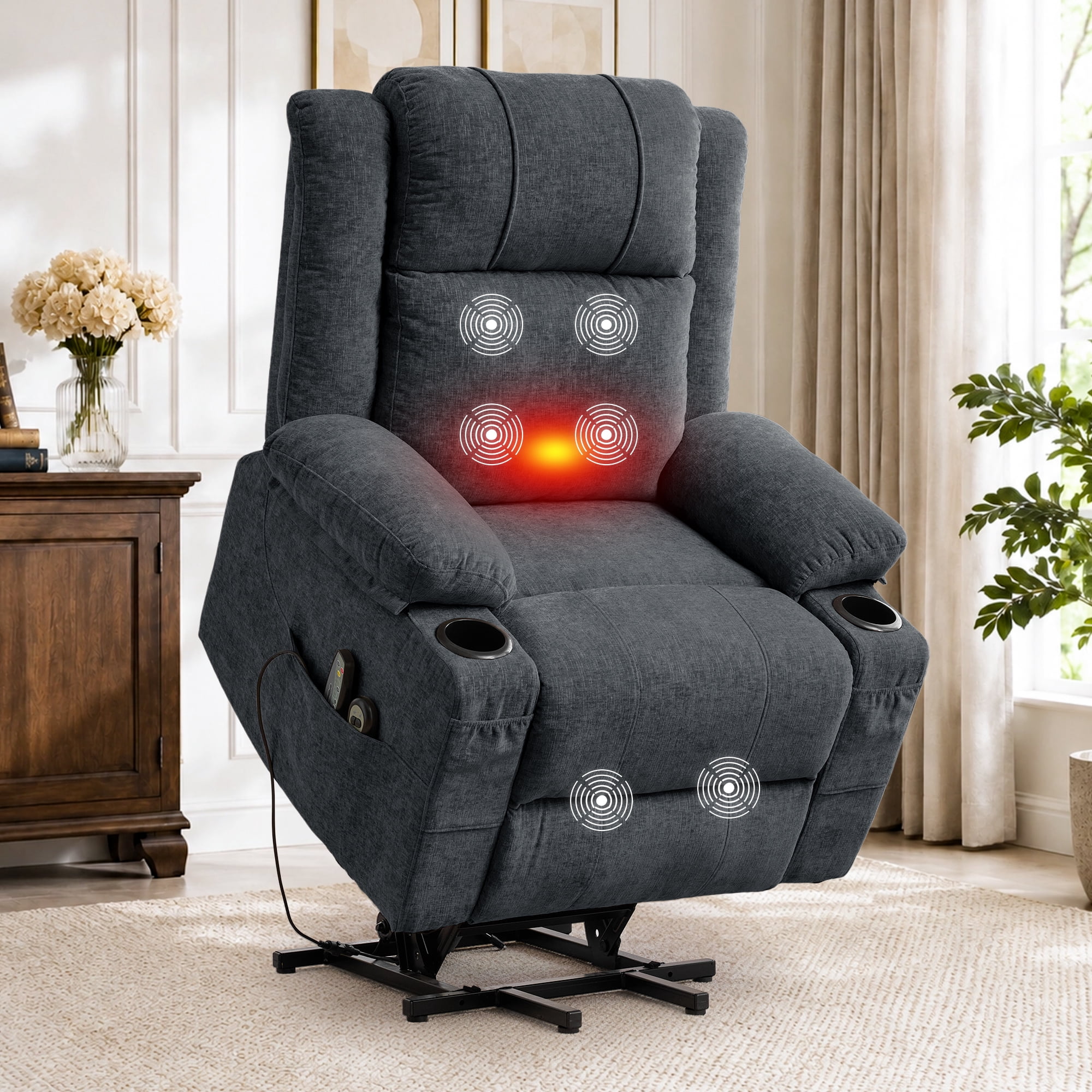 Korser Power Lift Recliner Chair for Elderly with Massage and Heat,Electric Lift Reclining Chair with Side Pockets and Cup Holders,Massage Recliner Chair for Living Room,Chenille,Dark Grey