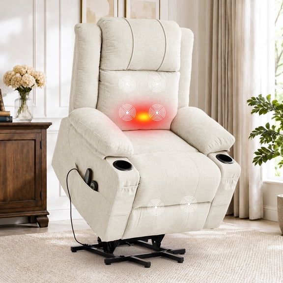 Korser Power Lift Recliner Chair for Elderly with Massage and Heat,Electric Lift Reclining Chair with Side Pockets and Cup Holders,Massage Recliner Chair for Living Room,Chenille,Beige