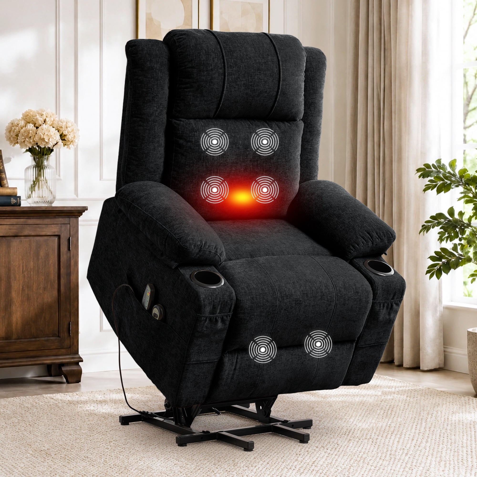 Korser Power Lift Recliner Chair for Elderly with Massage and Heat,Electric Lift Reclining Chair with Side Pockets and Cup Holders,Massage Recliner Chair for Living Room,Chenille,Black