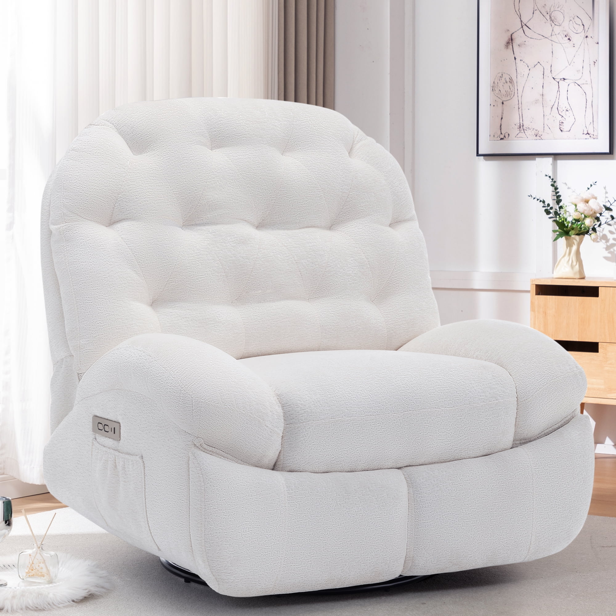 Korser Power Swivel Rocker Recliner Chair with USB Ports Chenille for Living Room,Beige