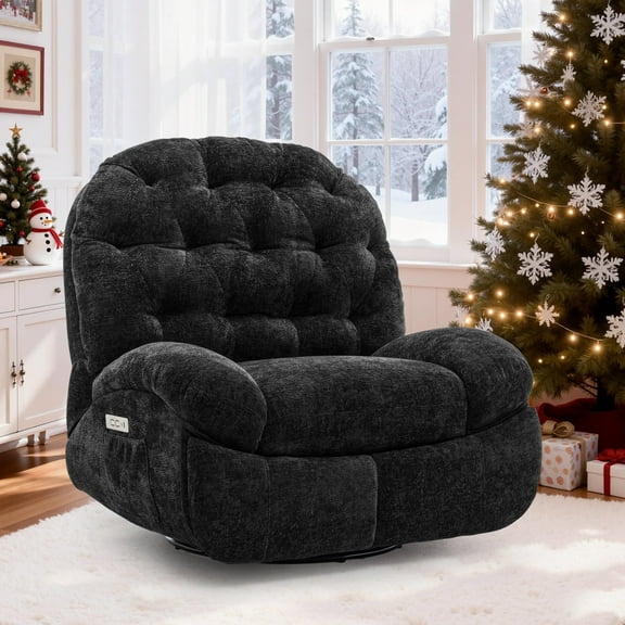 Korser Power Swivel Rocker Recliner Chair with USB Ports Chenille for Living Room,Black