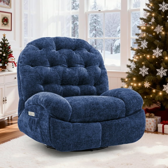 Korser Power Swivel Rocker Recliner Chair with USB Ports Chenille for Living Room,Blue