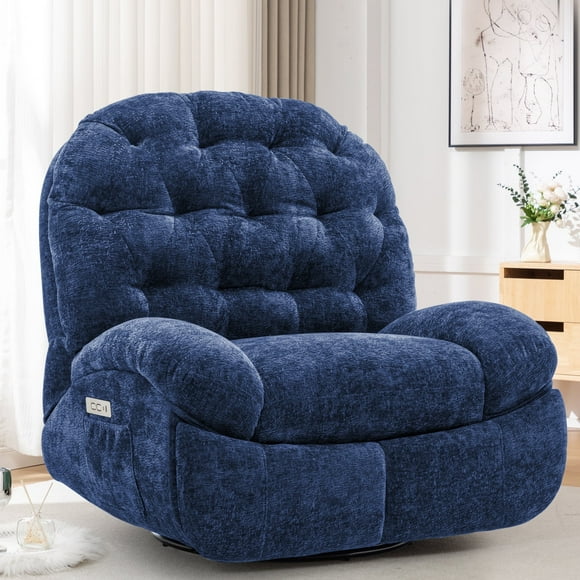 Korser Power Swivel Rocker Recliner Chair with USB Ports Chenille for Living Room,Blue