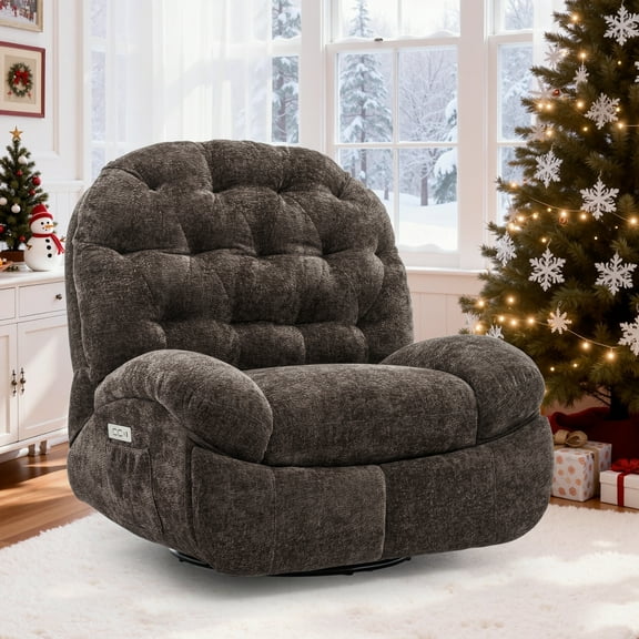 Korser Power Swivel Rocker Recliner Chair with USB Ports Chenille for Living Room,Brown