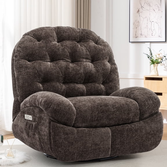 Korser Power Swivel Rocker Recliner Chair with USB Ports Chenille for Living Room,Brown