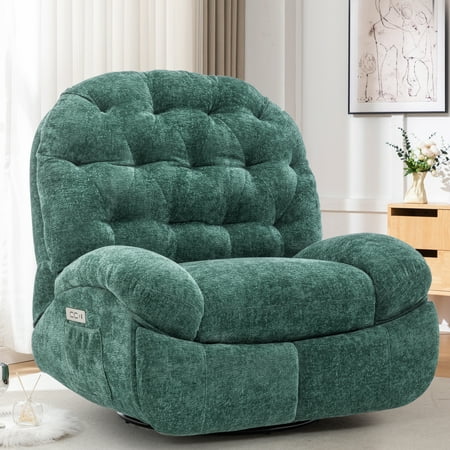 Korser Power Swivel Rocker Recliner Chair with USB Ports Chenille for Living Room,Green