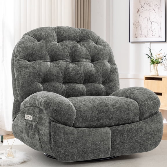 Korser Power Swivel Rocker Recliner Chair with USB Ports Chenille for Living Room,Grey