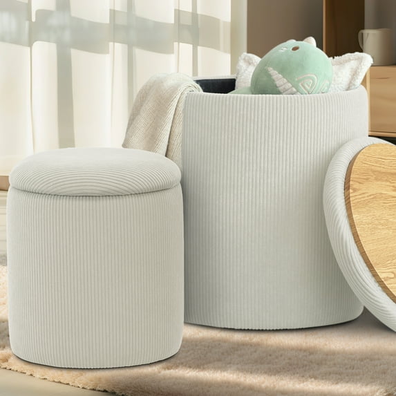 Korser Round Ottoman with Storage Set of 2,Corduroy for Living Room,Bedroom,Beige