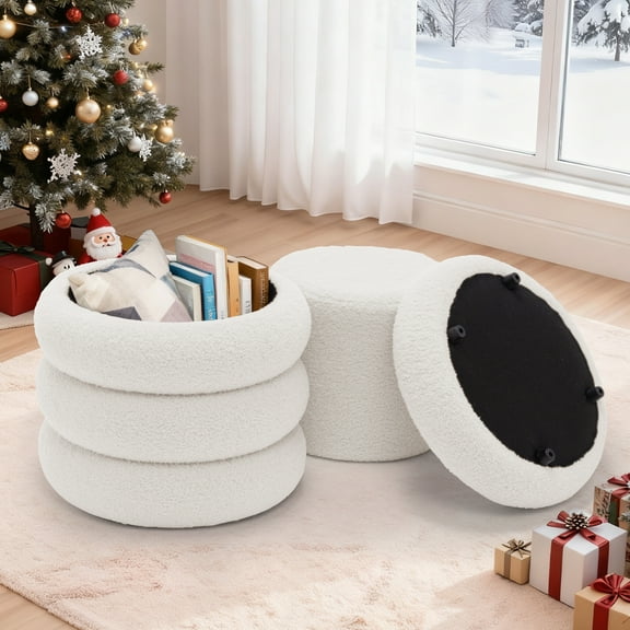 Korser Round Ottoman with Storage Set of 2,Upholstered Teddy Vanity Stool for Living Room,Bedroom,Beige