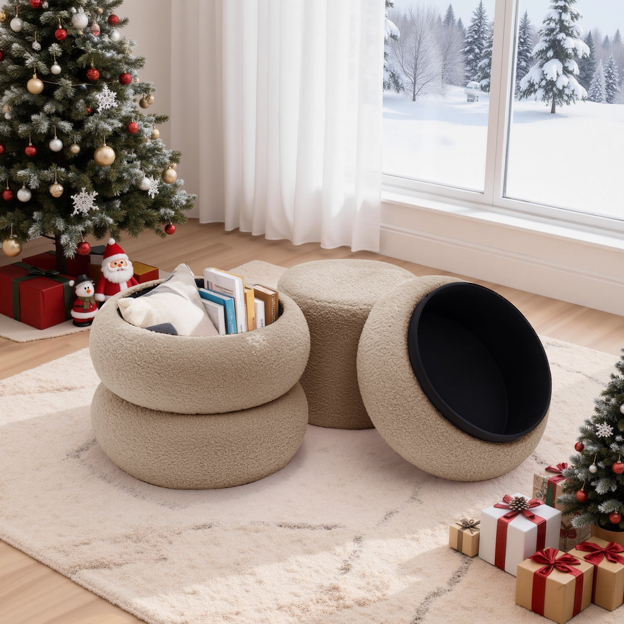 Korser Round Ottoman with Storage Set of 2,Upholstered Teddy Vanity Stool for Living Room,Bedroom,Khaki