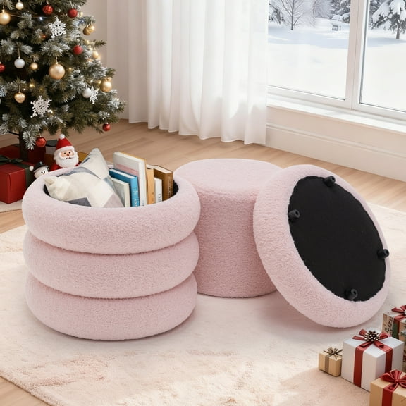 Korser Round Ottoman with Storage Set of 2,Upholstered Teddy Vanity Stool for Living Room,Bedroom,Pink