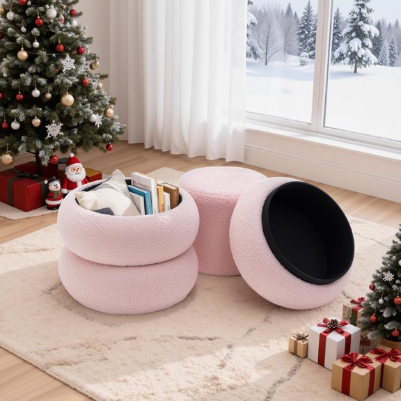 Korser Round Ottoman with Storage Set of 2,Upholstered Teddy Vanity Stool for Living Room,Bedroom,Pink