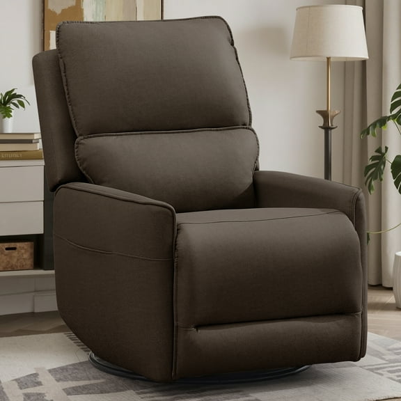 Korser Small 360 Swivel Rocker Recliner Chairs for Adults, Skin-friendly Fabric with Side Pockets for Living Room,Dark Brown