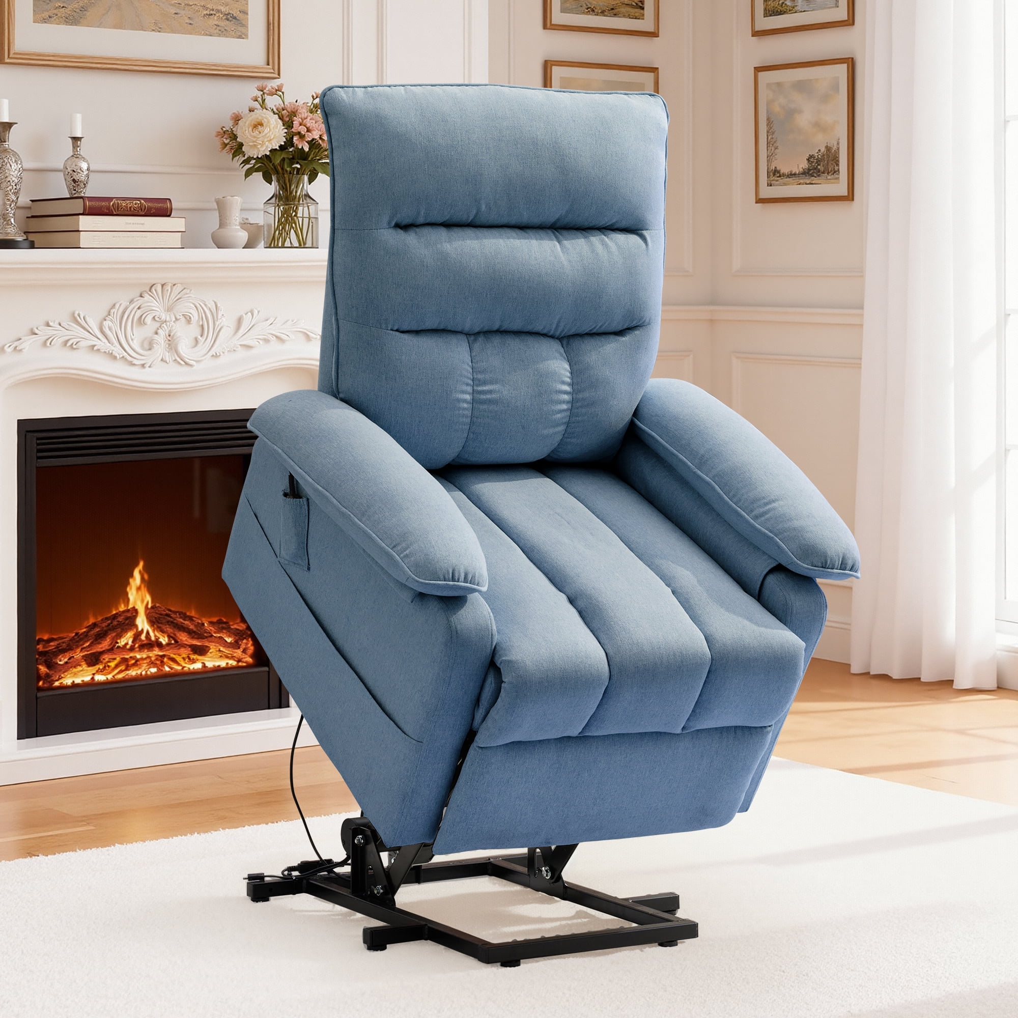 Korser Small Power Lift Recliner Chair for Elderly with Side Pockets Lift Chair for Small Spaces for Living Room,Linen,Blue