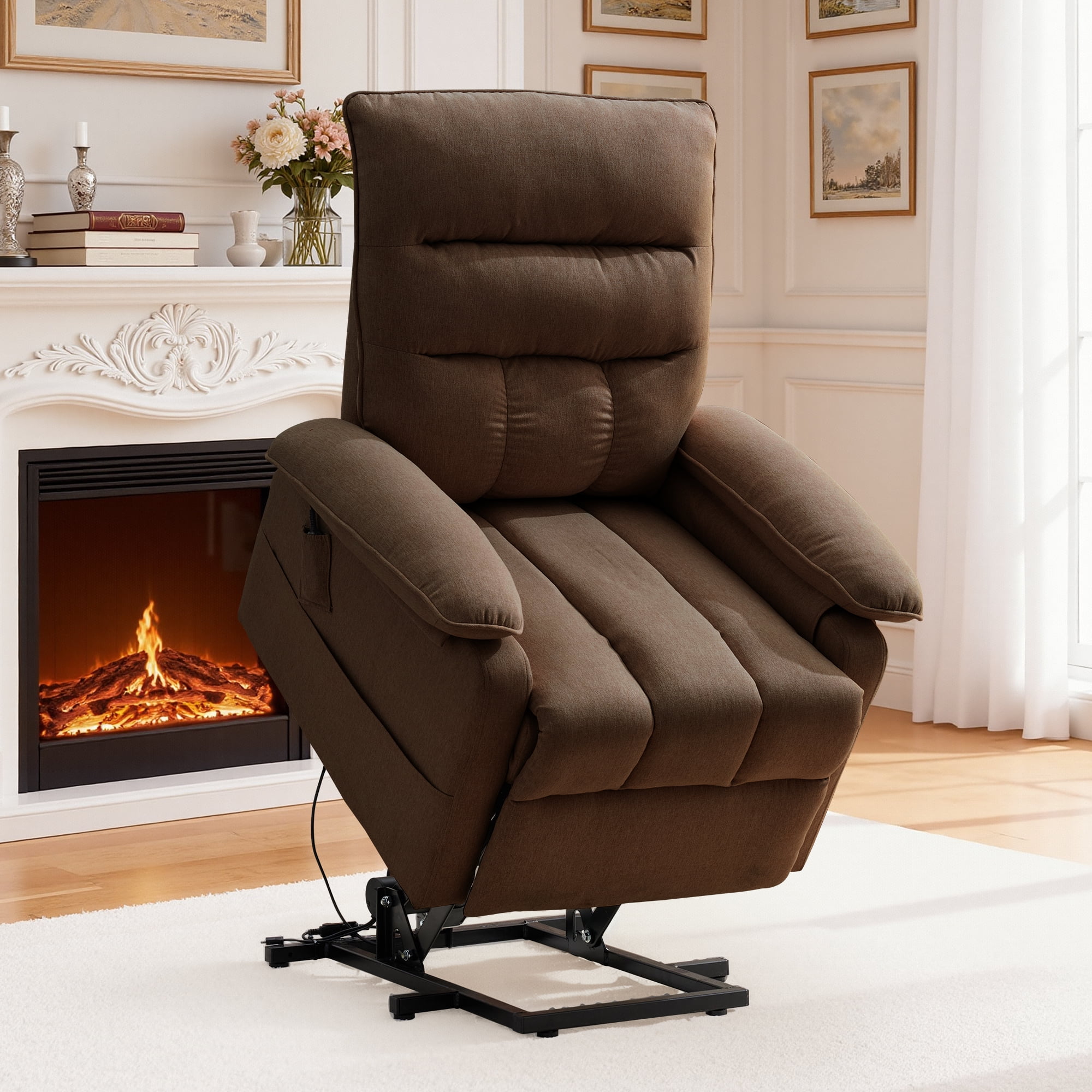 Korser Small Power Lift Recliner Chair for Elderly with Side Pockets Lift Chair for Small Spaces for Living Room,Linen,Brown