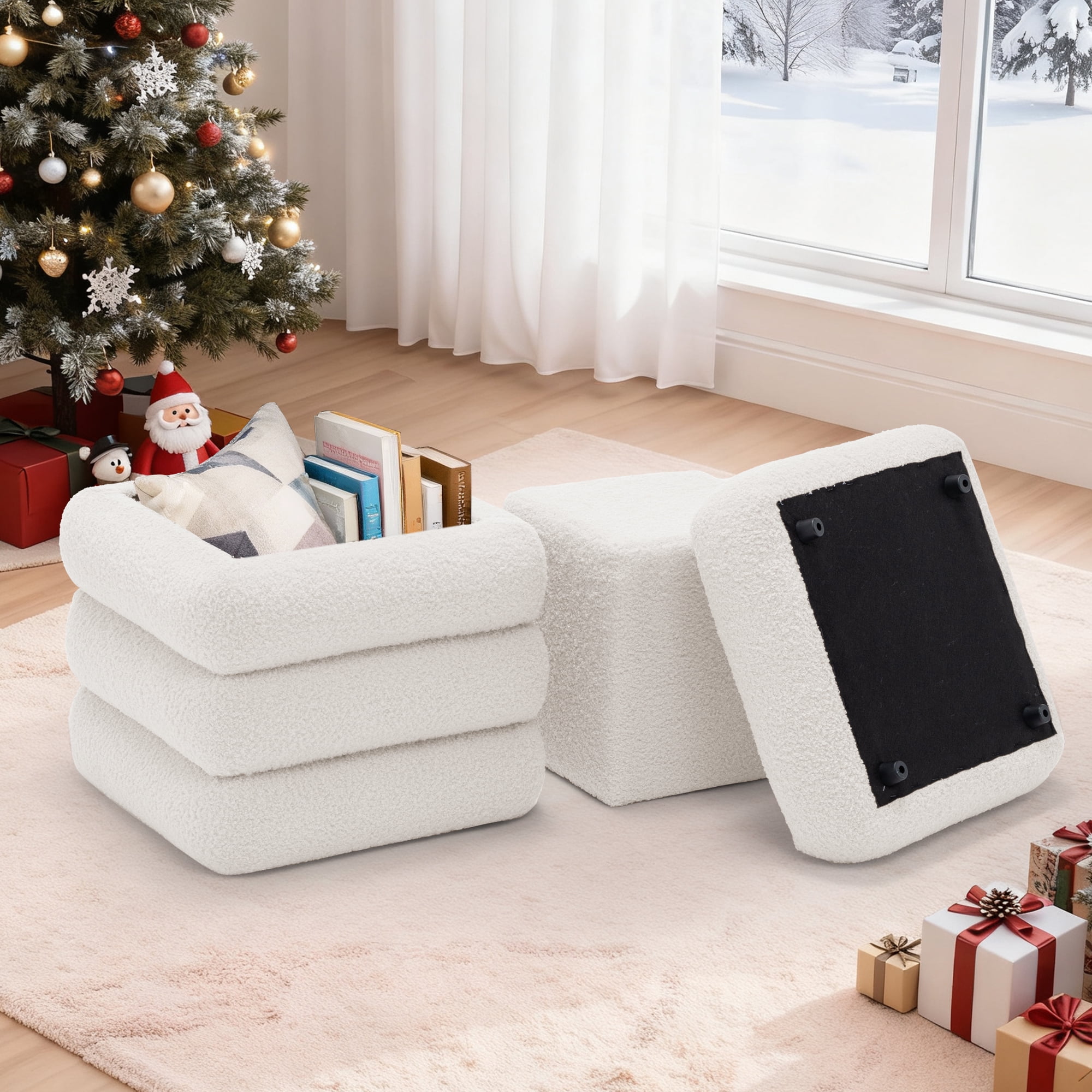 Korser Square Ottoman with Storage Set of 2,Upholstered Teddy Vanity Stool for Living Room,Bedroom,Beige