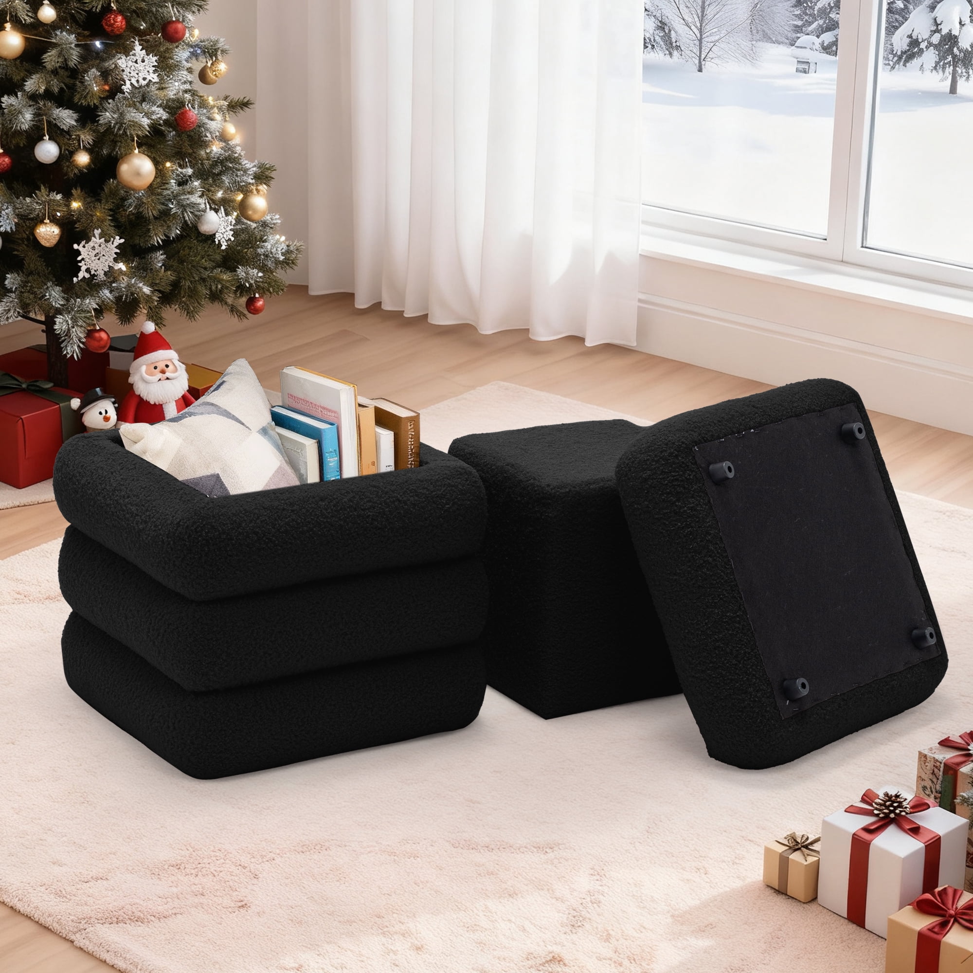 Korser Square Ottoman with Storage Set of 2,Upholstered Teddy Vanity Stool for Living Room,Bedroom,Black