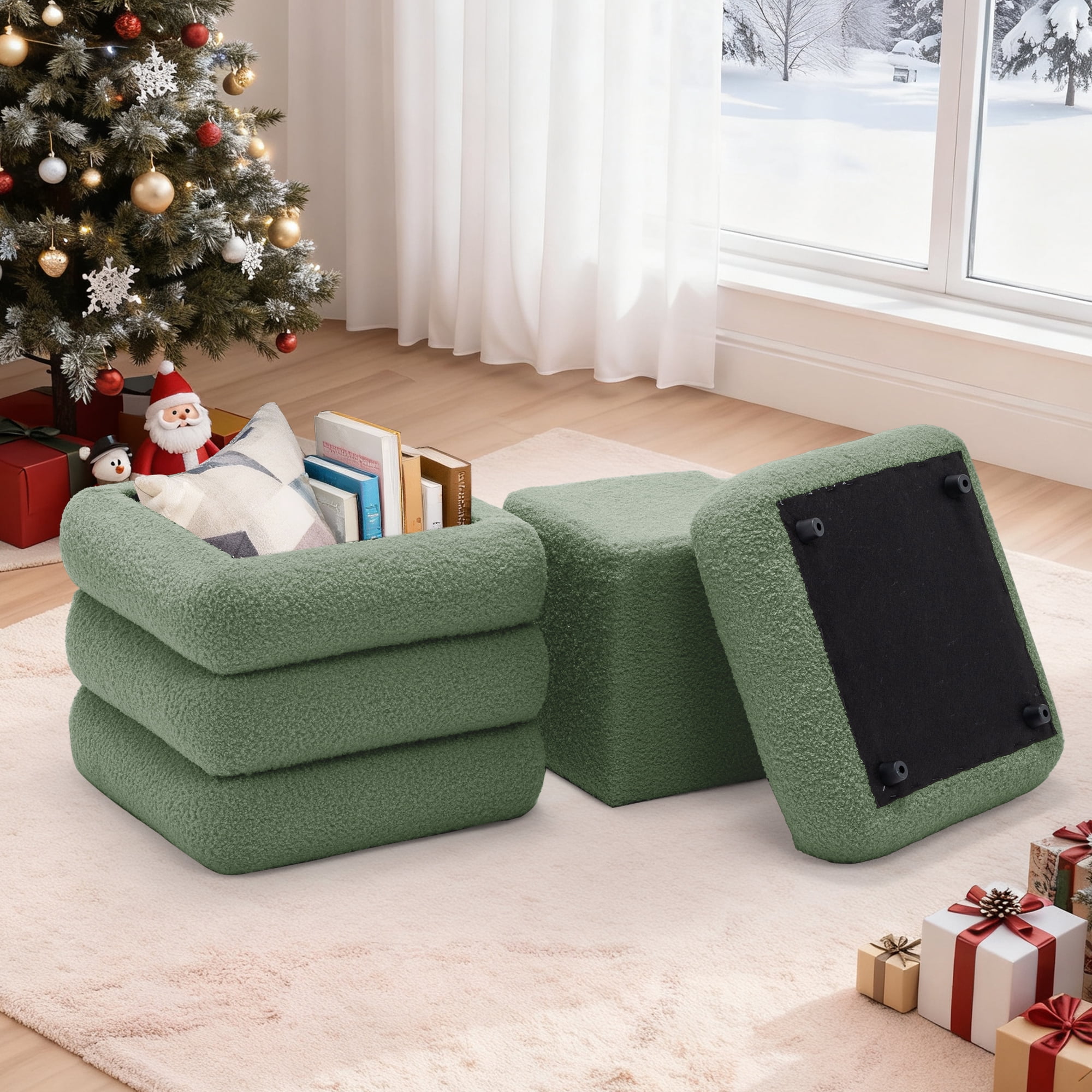 Korser Square Ottoman with Storage Set of 2,Upholstered Teddy Vanity Stool for Living Room,Bedroom,Green