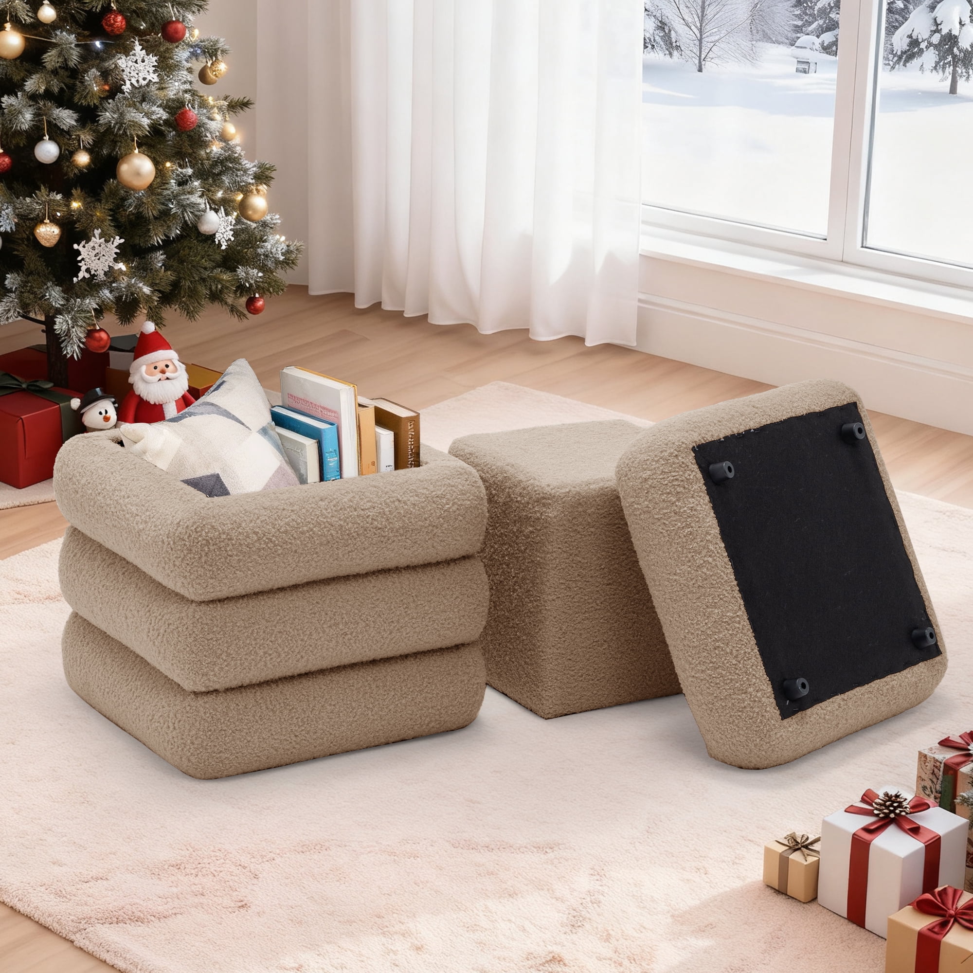 Korser Square Ottoman with Storage Set of 2,Upholstered Teddy Vanity Stool for Living Room,Bedroom,Khaki