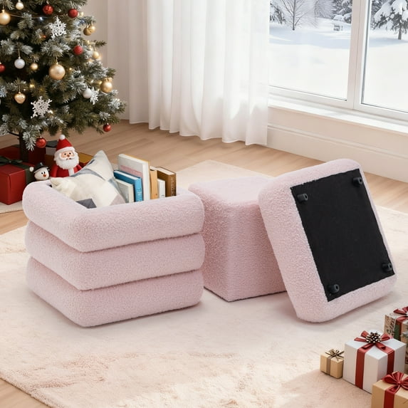 Korser Square Ottoman with Storage Set of 2,Upholstered Teddy Vanity Stool for Living Room,Bedroom,Pink