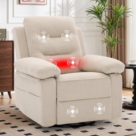 Korser Swivel Rocker Recliner Chair for Adults with Massage and Heat,Glider Rocking Chair for Nursery with Side Pockets Manual Recliners for Living Room,Linene,Beige