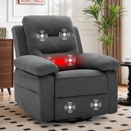 Korser Swivel Rocker Recliner Chair for Adults with Massage and Heat,Glider Rocking Chair for Nursery with Side Pockets Manual Recliners for Living Room,Linene,Dark Grey