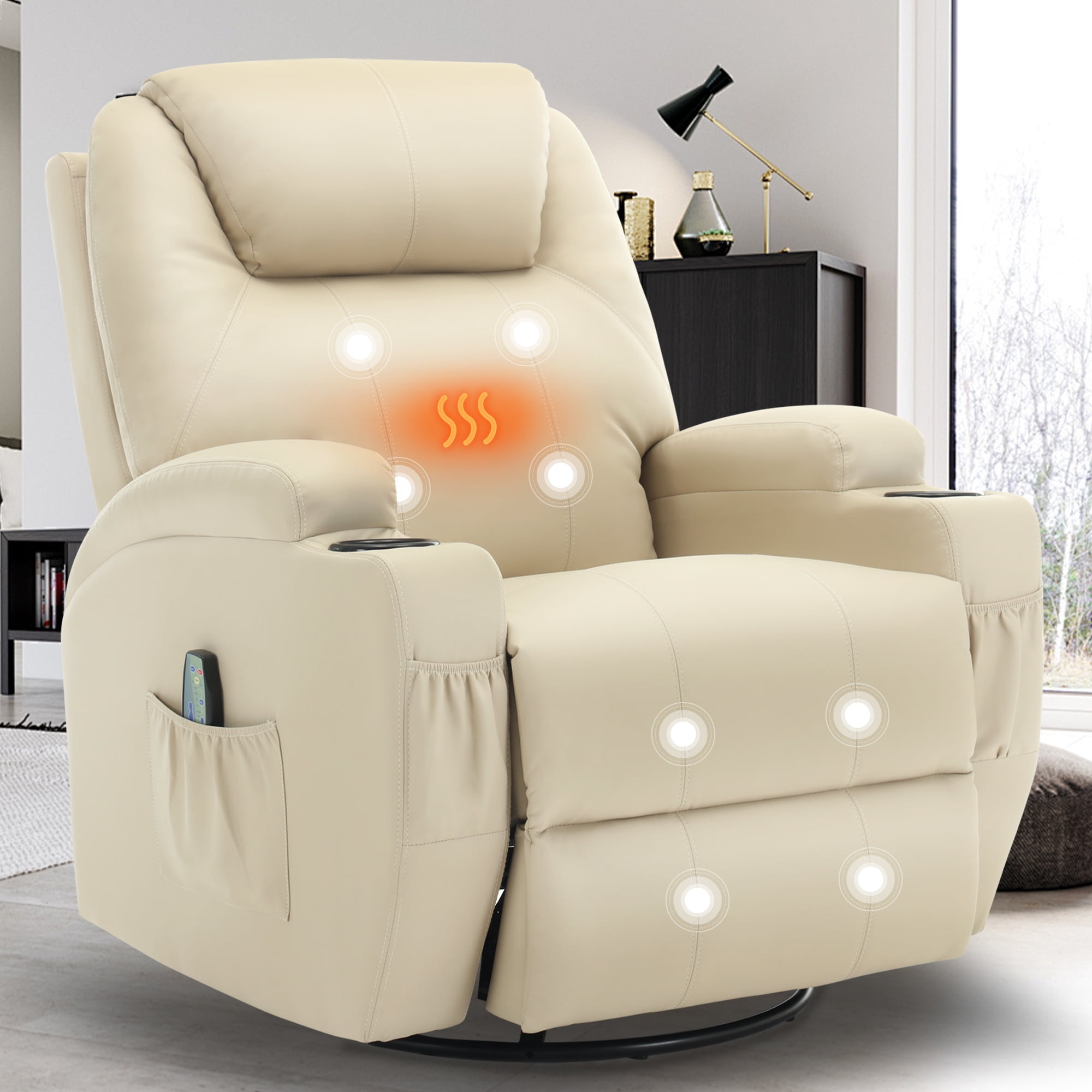 Korser Swivel Rocker Recliner Chair with Massage Faux Leather for Living Room,Beige