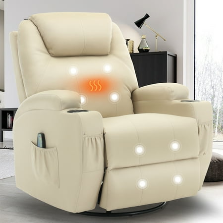 Korser Swivel Rocker Recliner Chair with Massage Faux Leather for Living Room,Beige