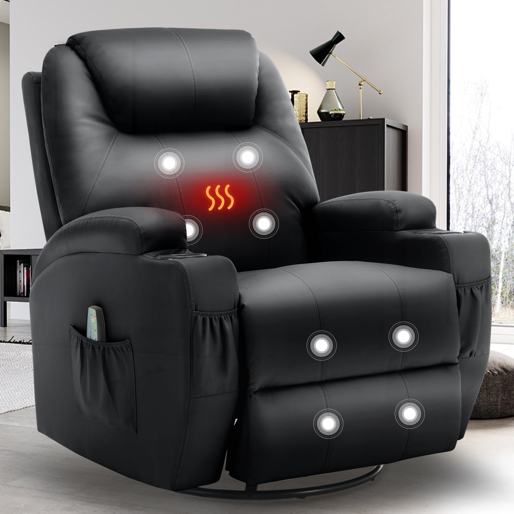 Korser Swivel Rocker Recliner Chair with Massage Faux Leather for Living Room,Black