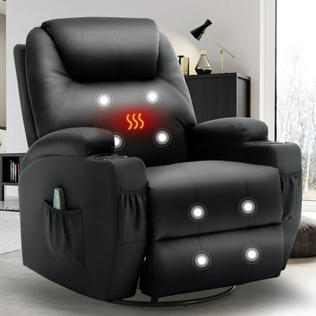 Korser Swivel Rocker Recliner Chair with Massage Faux Leather for Living Room,Black