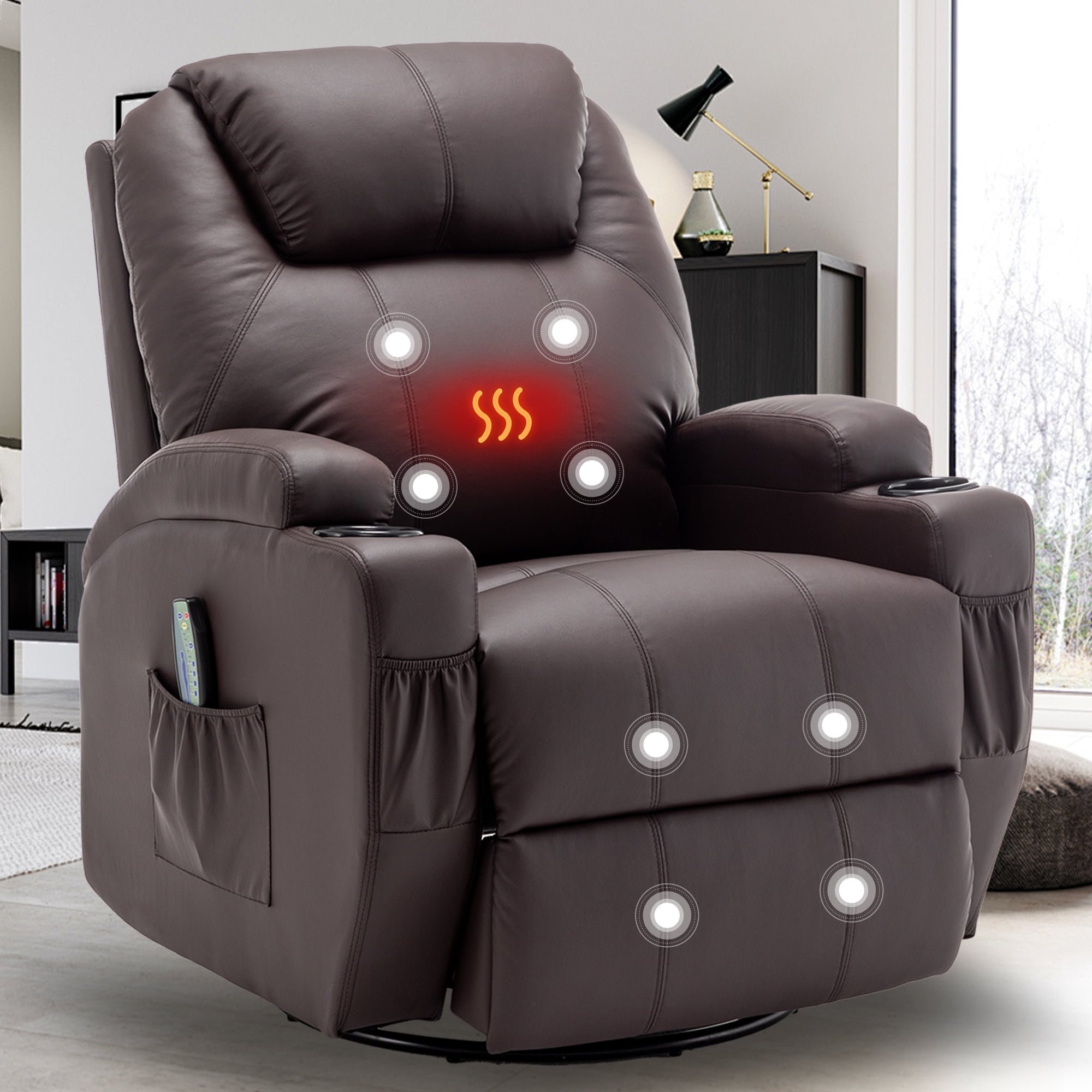 Korser Swivel Rocker Recliner Chair with Massage Faux Leather for Living Room,Brown