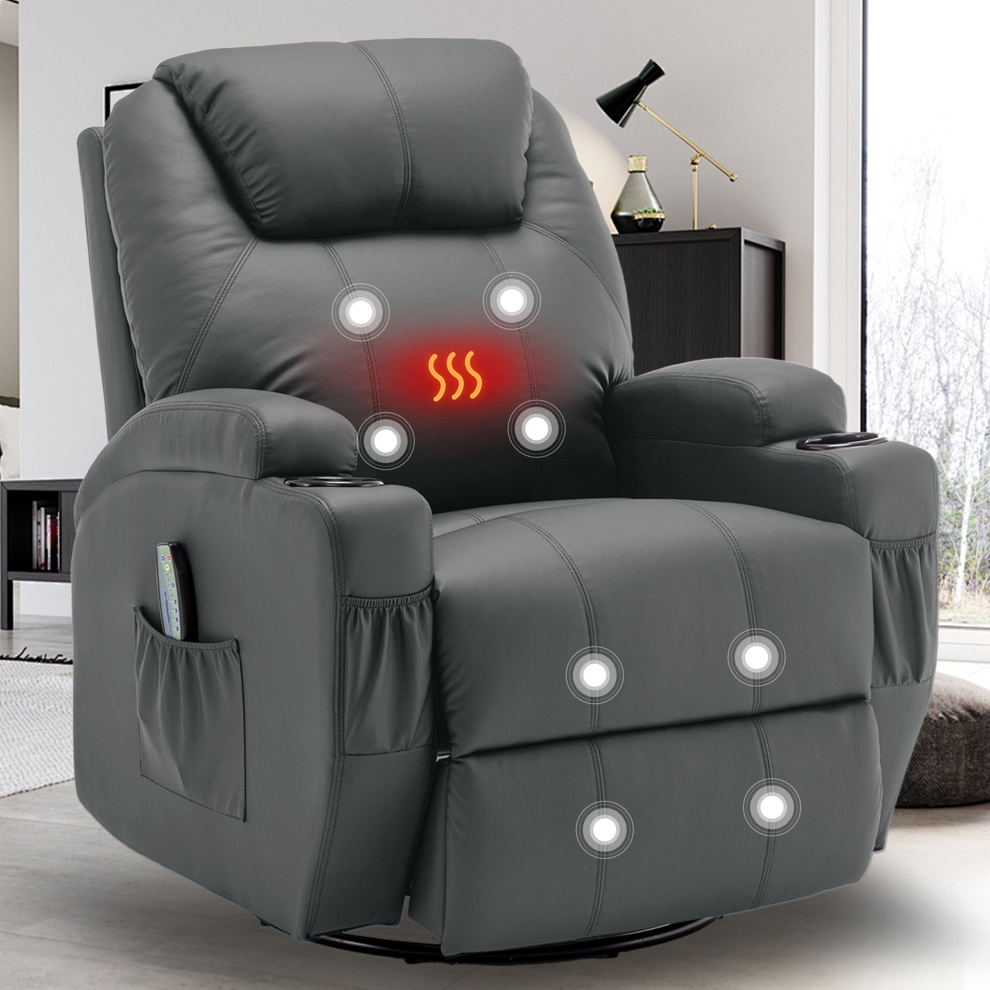 Korser Swivel Rocker Recliner Chair with Massage Faux Leather for Living Room,Grey