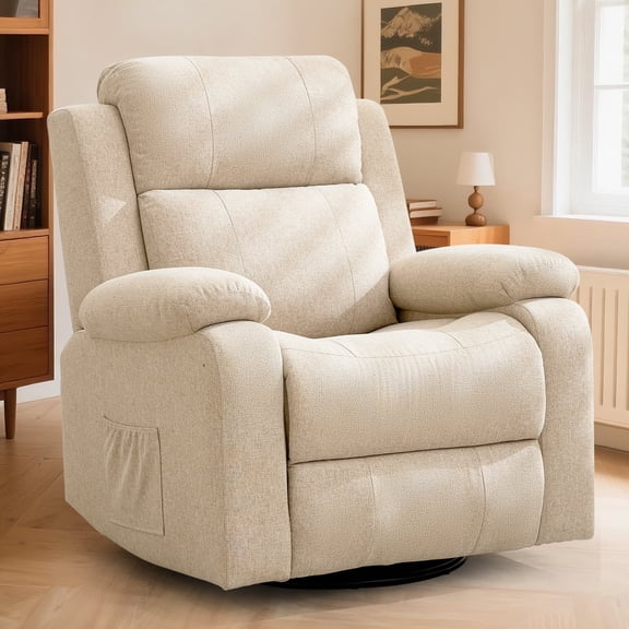 Korser Swivel Rocker Recliner Chair for Adults with Massage and Heat,Upholstered Manual Recliner with Side Pockets Glider Recliner for Living Room,Linen,Beige