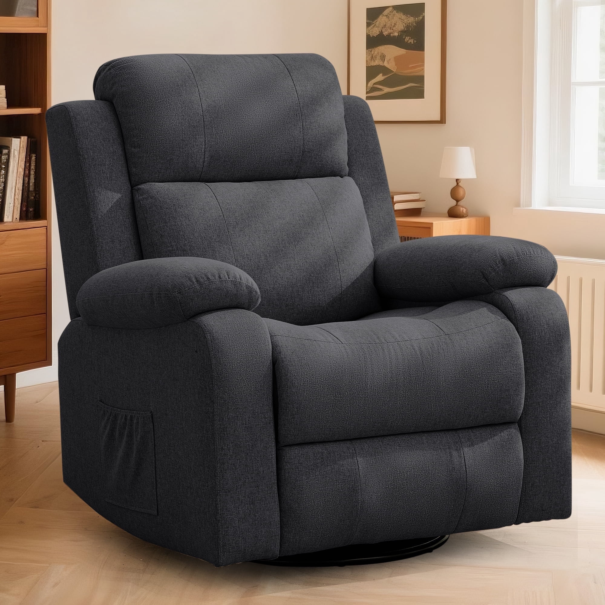 Korser Swivel Rocker Recliner Chair for Adults with Massage and Heat,Upholstered Manual Recliner with Side Pockets Glider Recliner for Living Room,Linen,Black