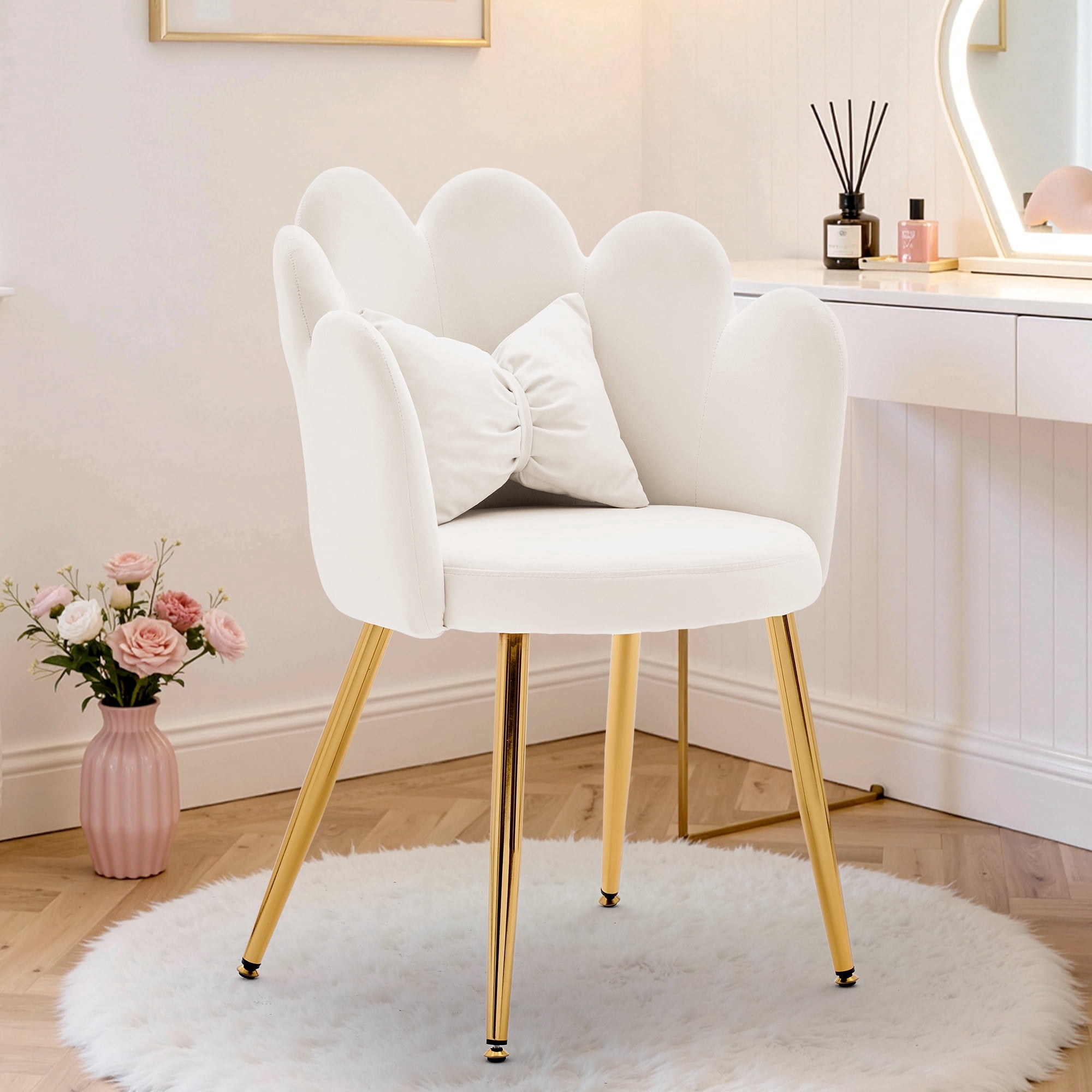 Korser Vanity Makeup Chair Comfy Accent Chair Small Office Chair with Flower Back and Lumbar Pillow for Living Dining Room,Bedroom,Velvet,Beige