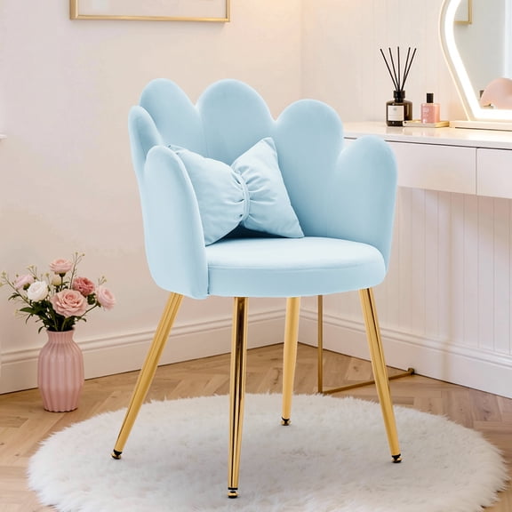 Korser Vanity Makeup Chair Comfy Accent Chair Small Office Chair with Flower Back and Lumbar Pillow for Living Dining Room,Bedroom,Velvet,Blue