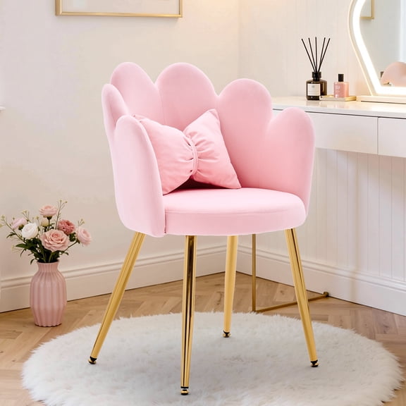Korser Vanity Makeup Chair Comfy Accent Chair Small Office Chair with Flower Back and Lumbar Pillow for Living Dining Room,Bedroom,Velvet,Pink