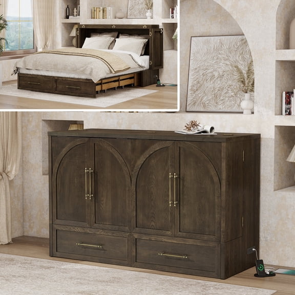 Korsneli Queen Murphy Bed Cabinet with Mattress & USB Charging Station - 100% Solid Wood Cabinet Bed with Storage Drawers, 1200lbs Weight Capacity for Small Spaces, Dark Gray