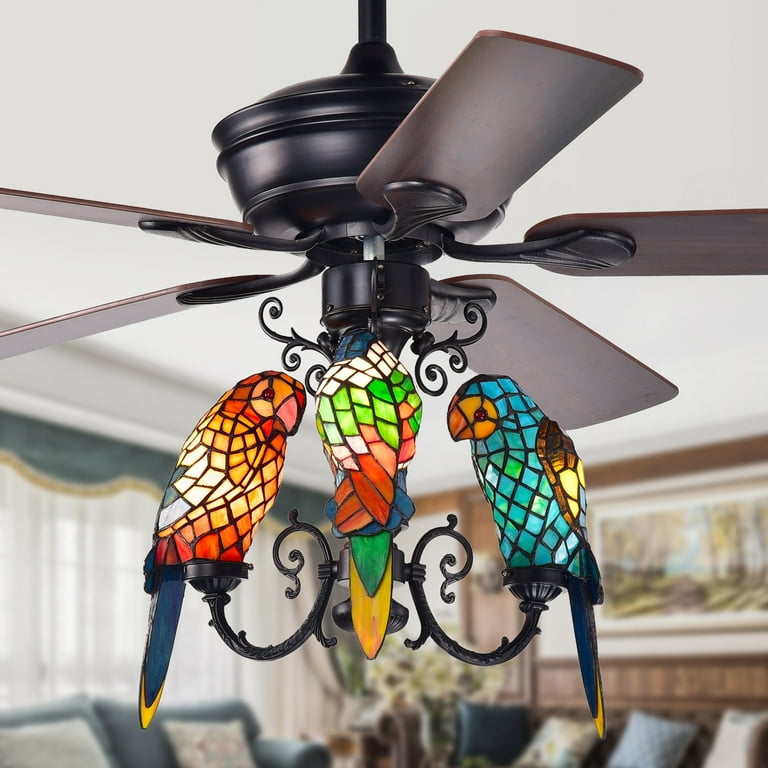 ことり 　FANATICファナティックFTC&UNION 2点セット Korubo 3-light 52-inch Lighted Ceiling Fan Tiffany Style Parrot